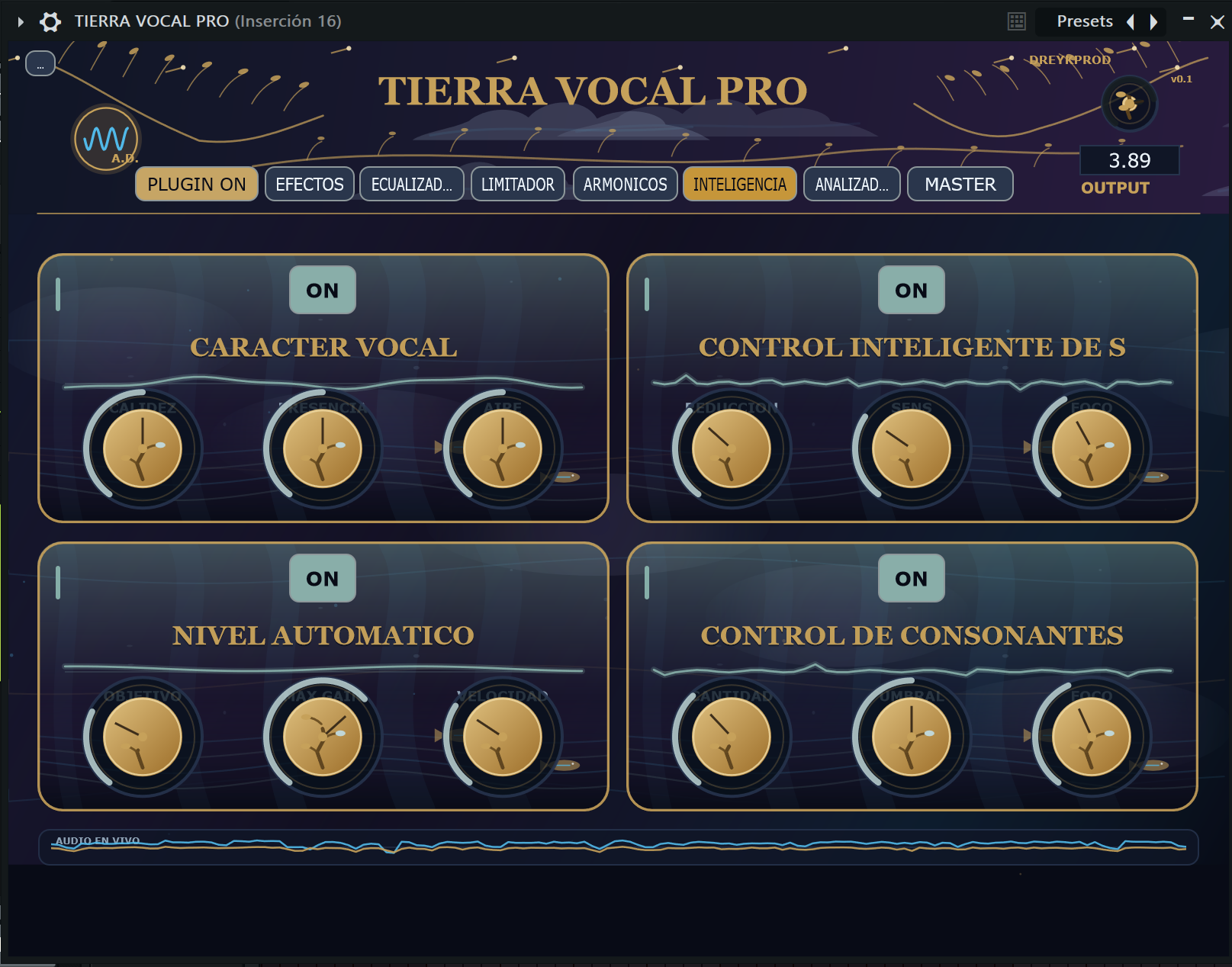 Interfaz real del plugin con sus módulos de inteligencia vocal