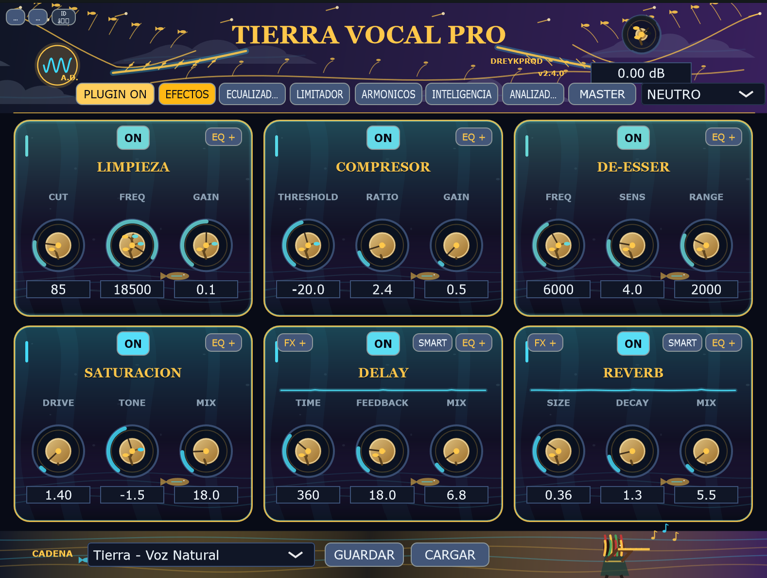 Efectos: limpieza, compresor, de-esser, saturación, delay y reverb